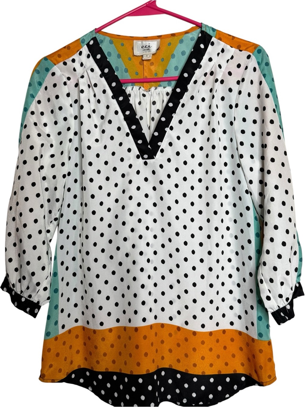 ECI White Polka Dot V-Neck Tunic with Orange and Teal Panels Size S